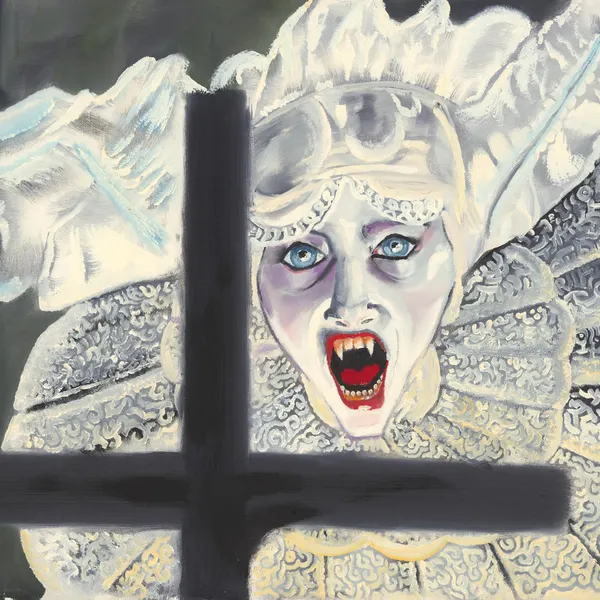 Painted portrait of a pale gothic figure in an ornate ruffled collar behind a dark cross