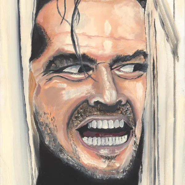 Painted close-up of a grinning horror villain framed by splintered boards