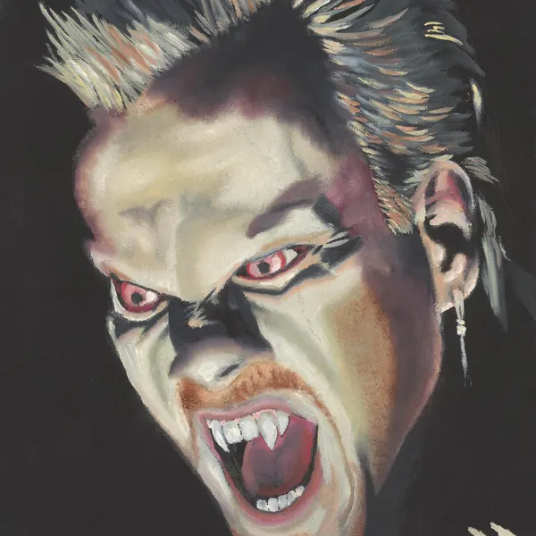 Painted snarling vampire with red eyes and spiked hair on a black field