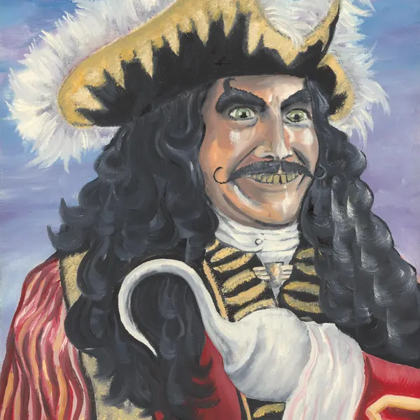 Painted pirate captain in a plumed hat with a curled moustache and hook