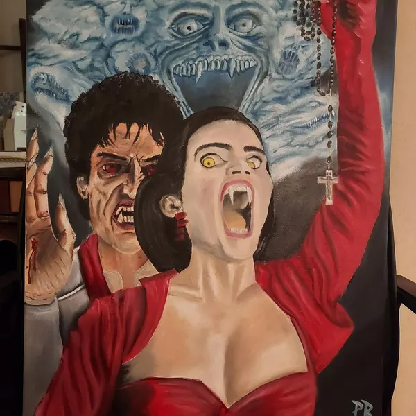 Painted horror composition with two screaming figures and looming faces