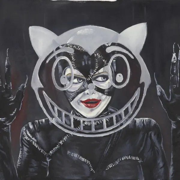 Painted masked femme fatale in black leather with red lips