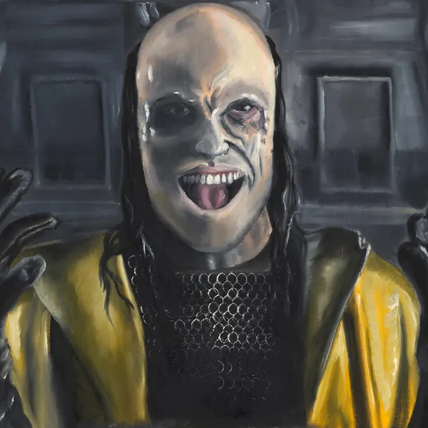 Painted villain in a yellow coat and chainmail with a pale scarred face