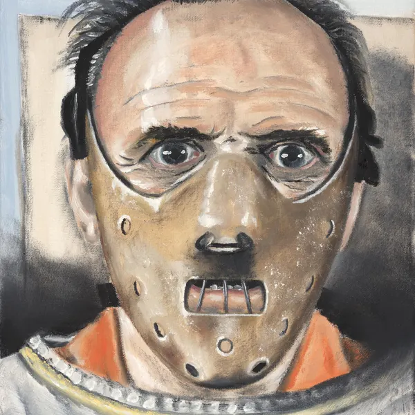 Painted portrait of a restrained figure in a face mask and orange collar