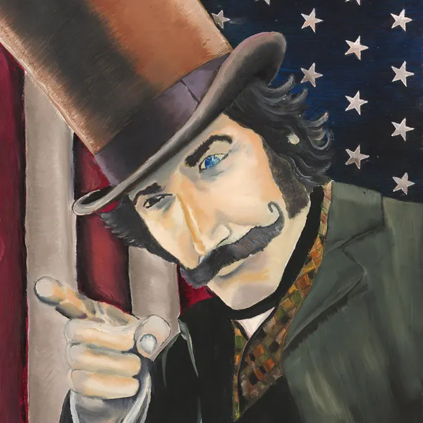 Painted portrait of a figure in a top hat against a starred backdrop
