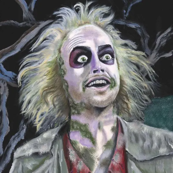 Painted portrait of a ghostly figure with wild pale hair