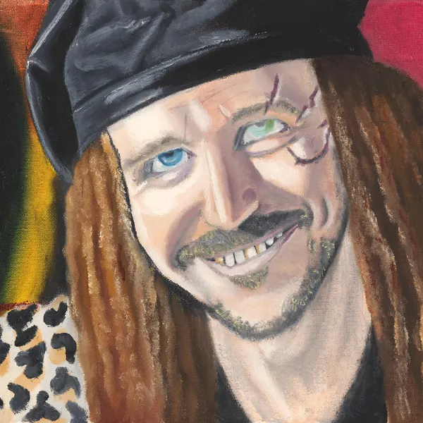 Painted portrait of a smiling red-haired anti-hero in a black cap