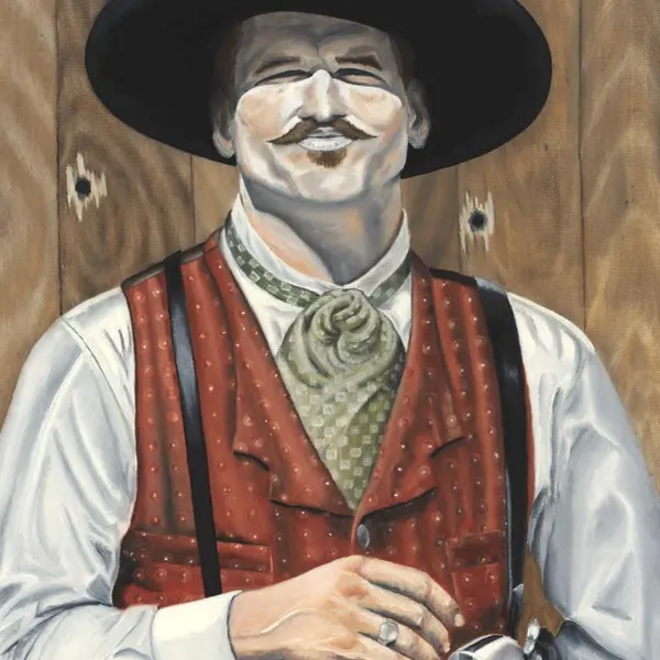 Painted western portrait in a black hat and red waistcoat